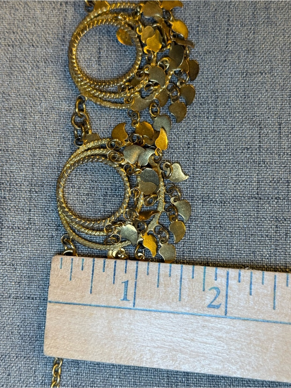 Vintage 1960s Gold Tone Boho Bib Necklace, Textured Circles & Leaf Fringe Charms - Picture 9 of 11